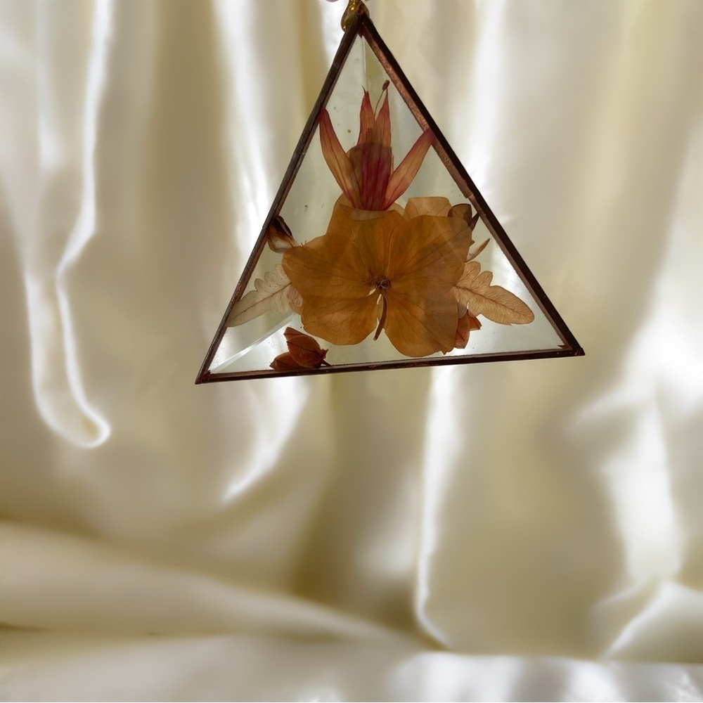 Vintage stained glass pressed flowers triangle home decor wall hanging